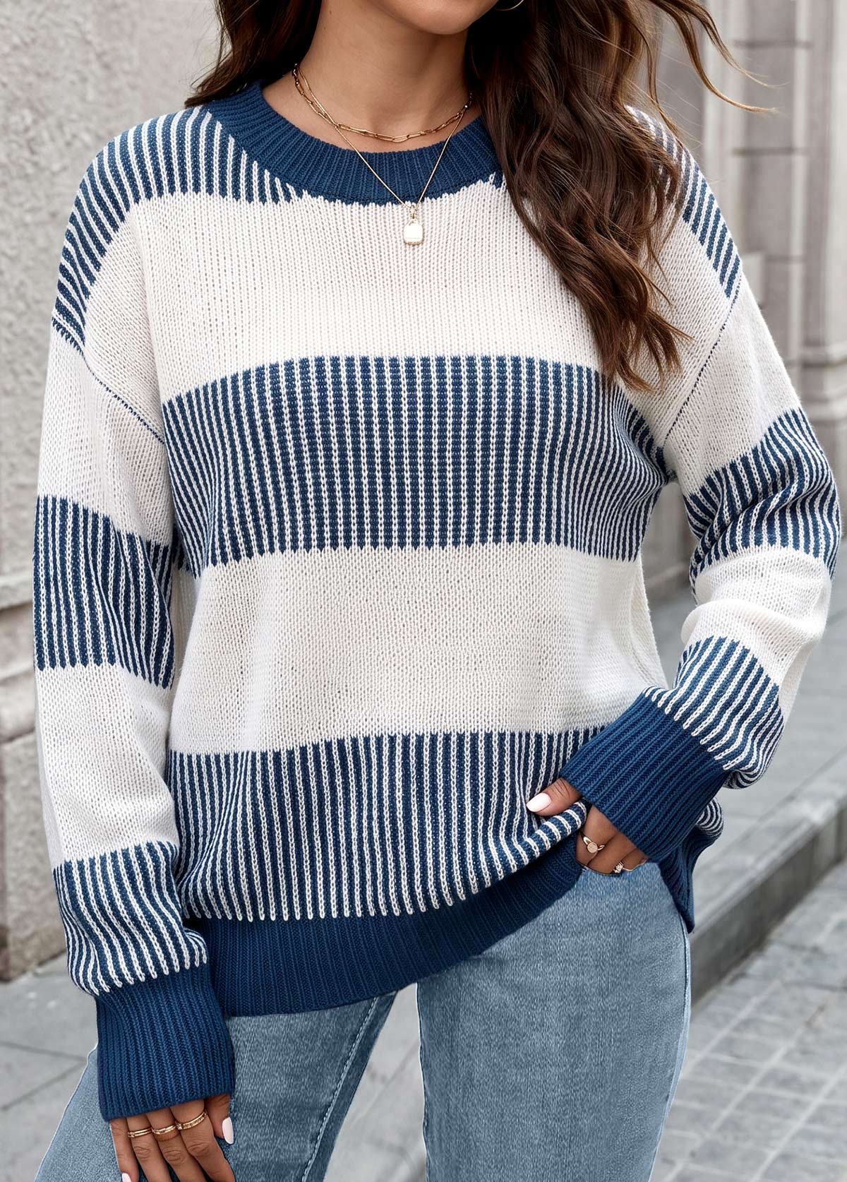 Blue Tummy Coverage Long Sleeve Round Neck Sweater 4
