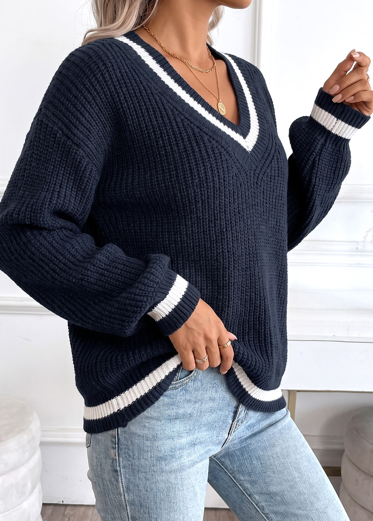 Navy Tummy Coverage Long Sleeve V Neck Sweater | picture 