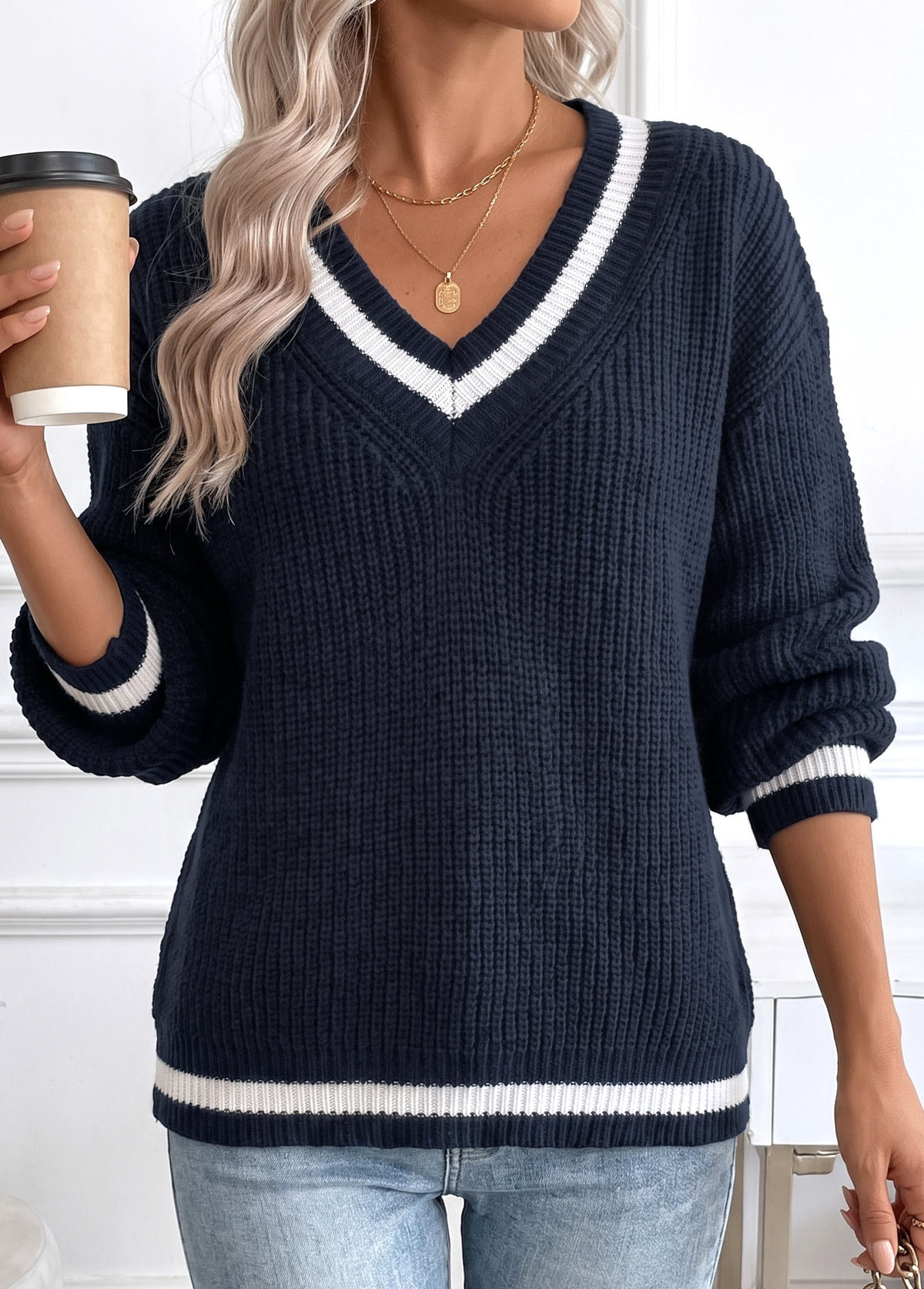 Navy Tummy Coverage Long Sleeve V Neck Sweater | picture 