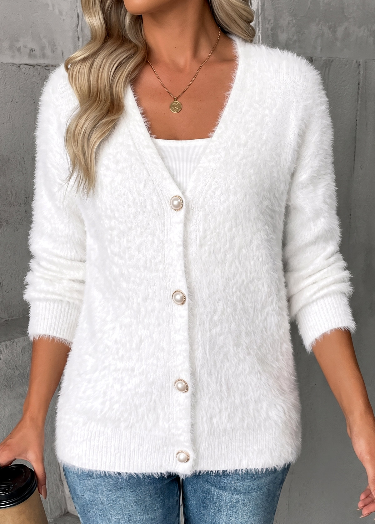 White Tummy Coverage Long Sleeve V Neck Sweater | picture 