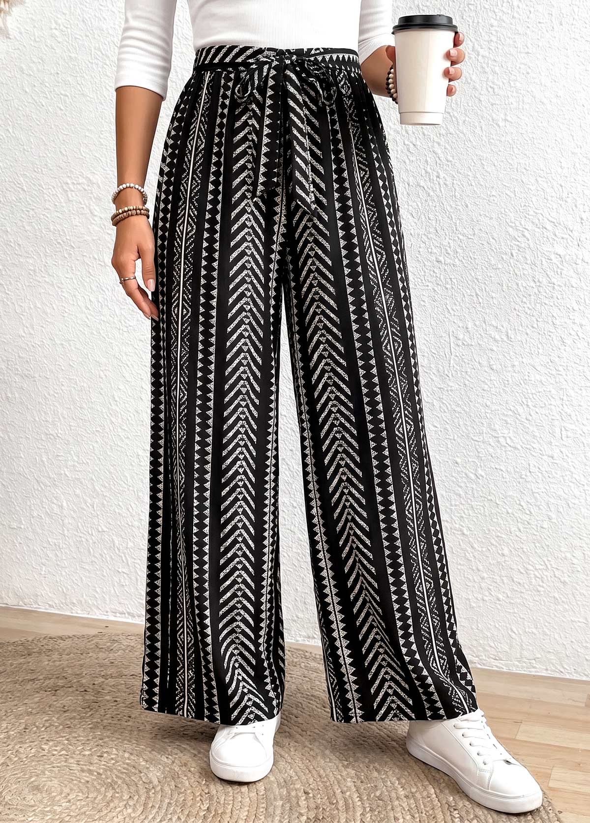 Modlily Black Tribal Print Straight Leg Elastic Waist Pants - XL