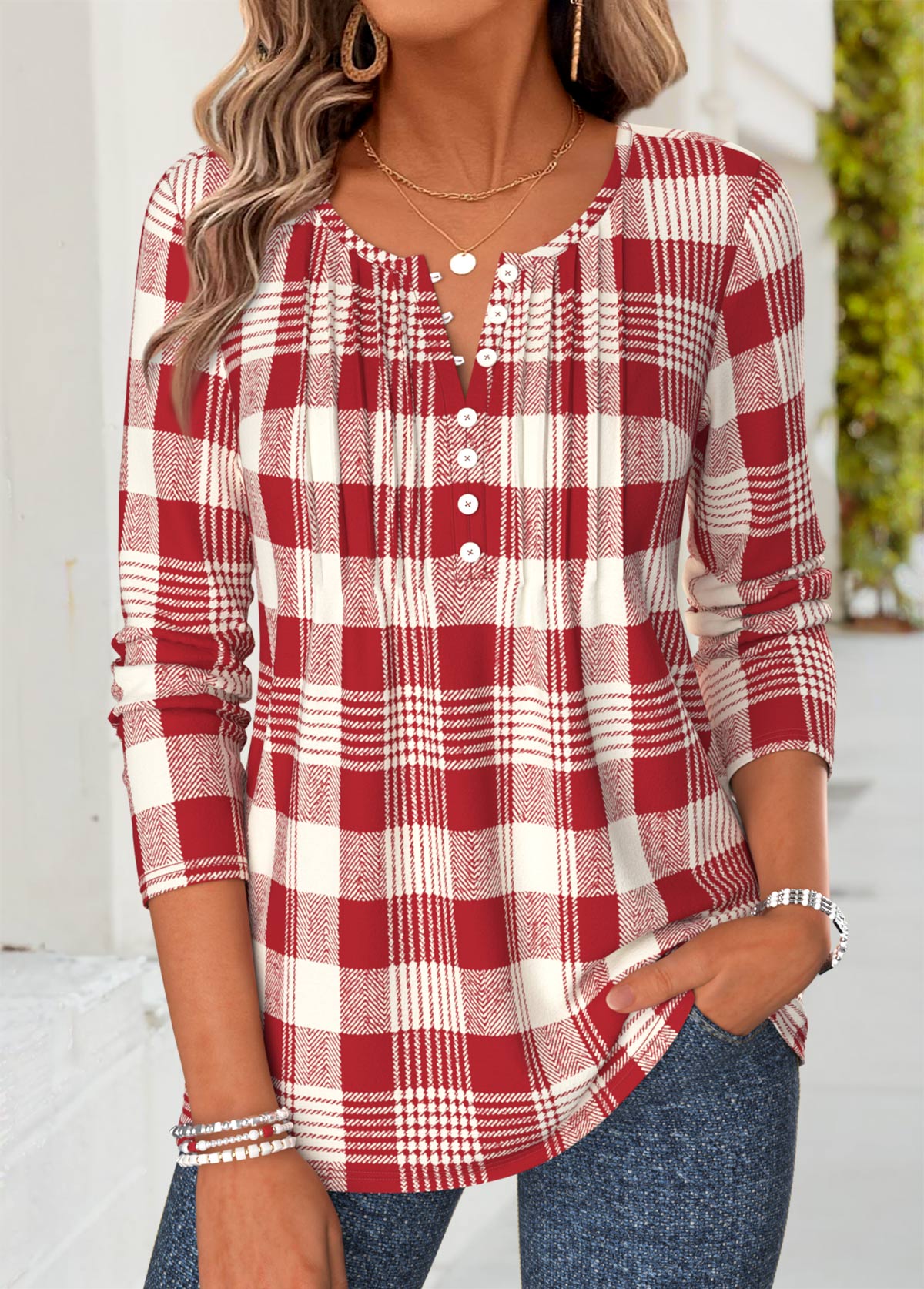 Red Plaid Tuck Stitch Long Sleeve T Shirt | picture 