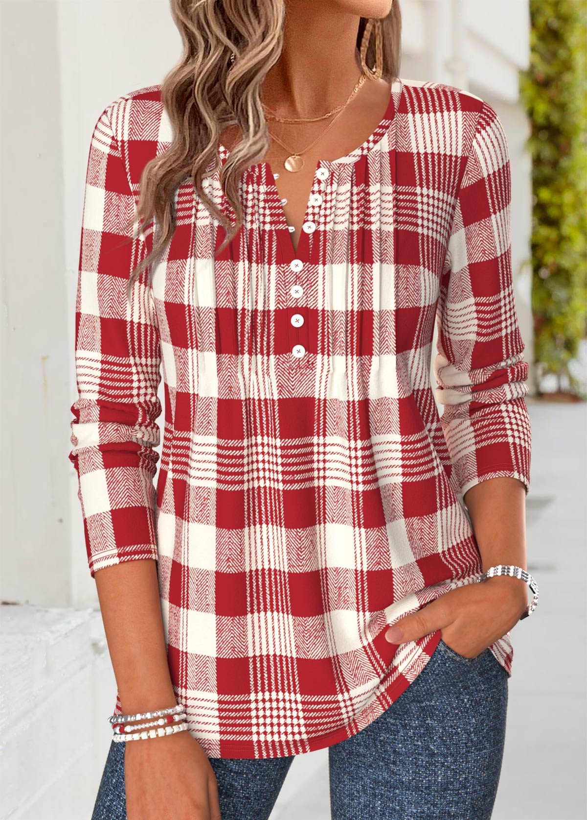 Red Plaid Tuck Stitch Long Sleeve T Shirt | picture 