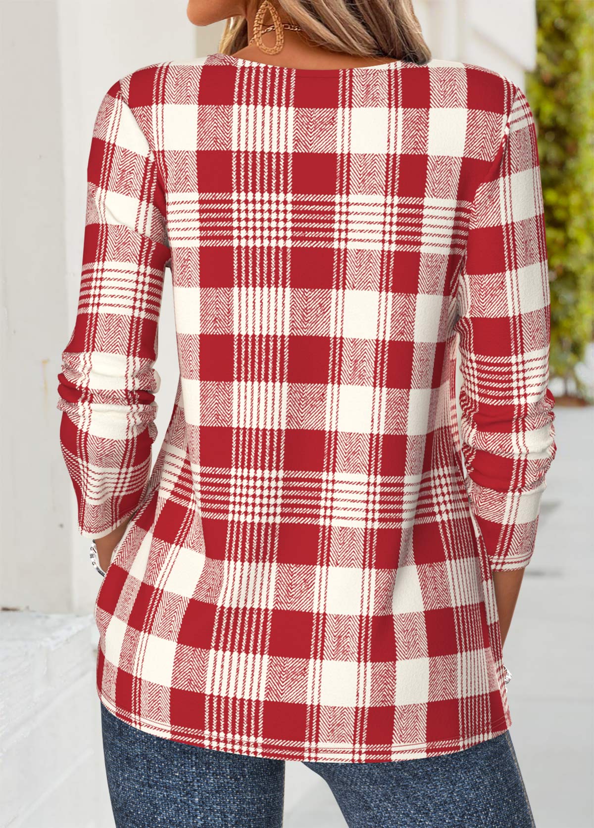Red Plaid Tuck Stitch Long Sleeve T Shirt | picture 