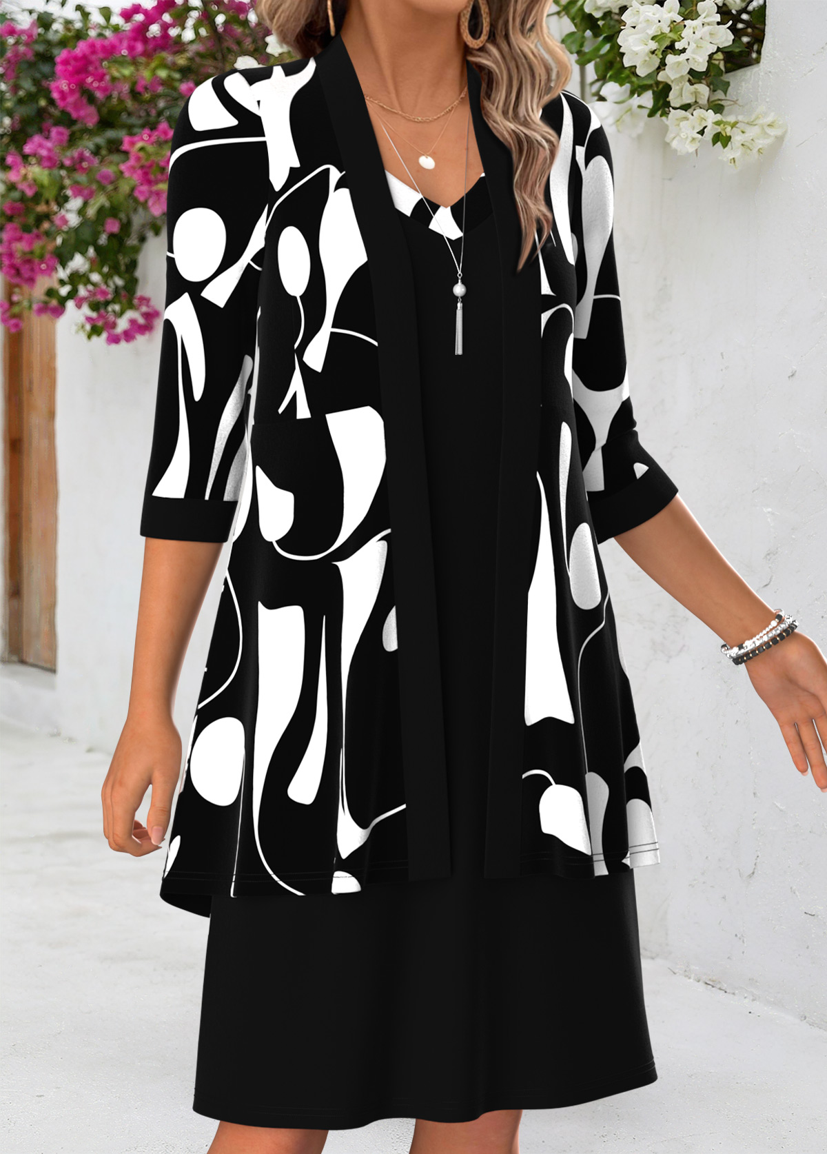 Black Geometric Print Tummy Coverage Dress and Cardigan | picture 
