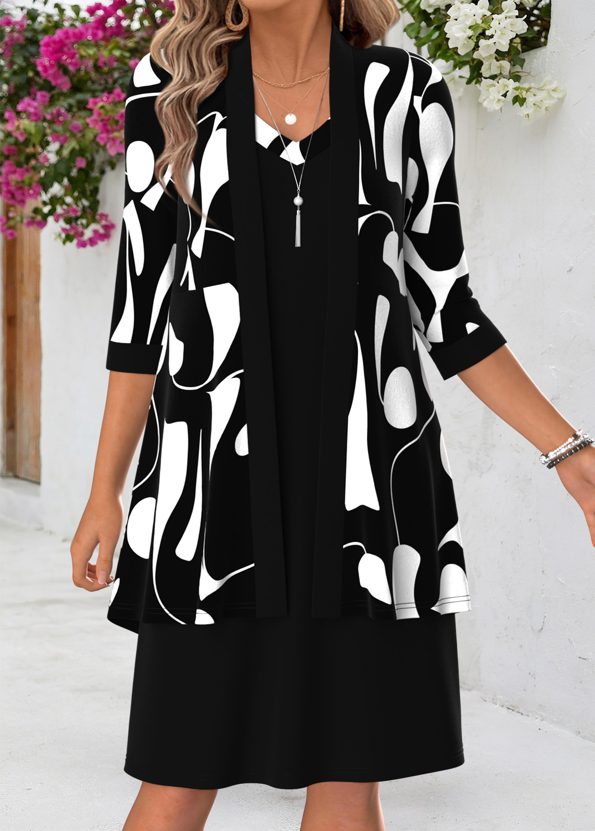 Black Geometric Print Tummy Coverage Dress and Cardigan | picture 