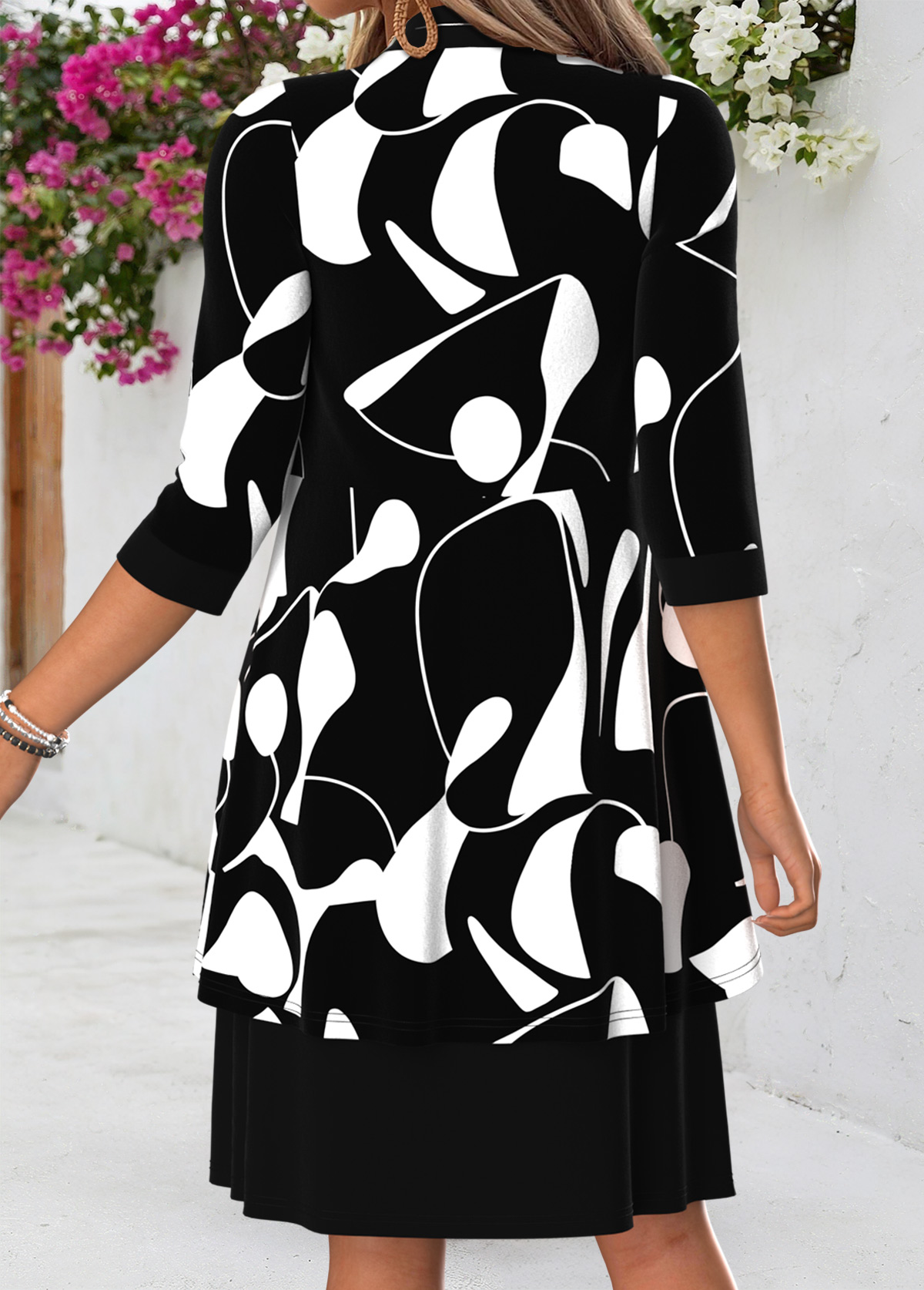 Black Geometric Print Tummy Coverage Dress and Cardigan | picture 