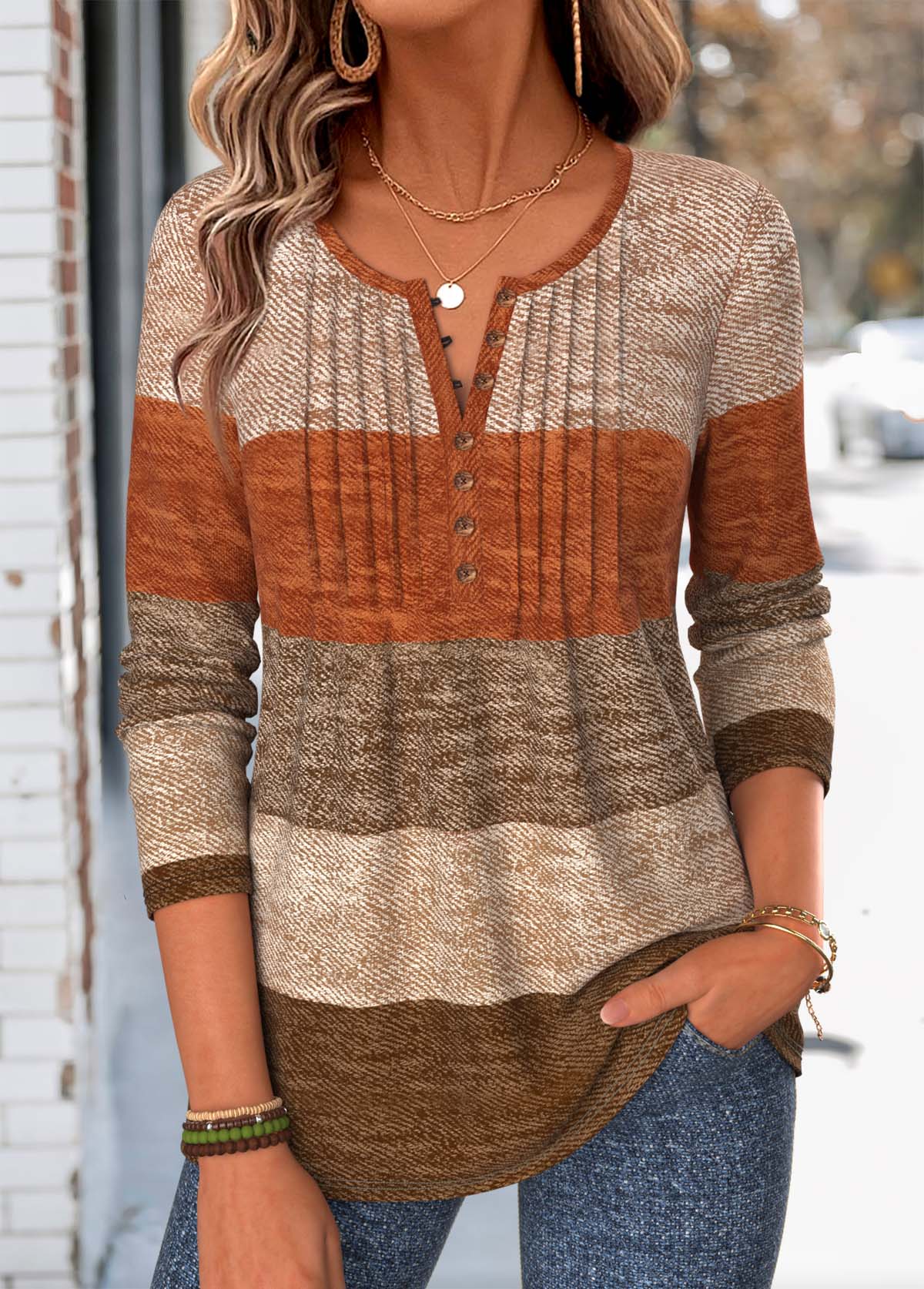 Multi Color Striped Tuck Stitch Long Sleeve T Shirt | picture 
