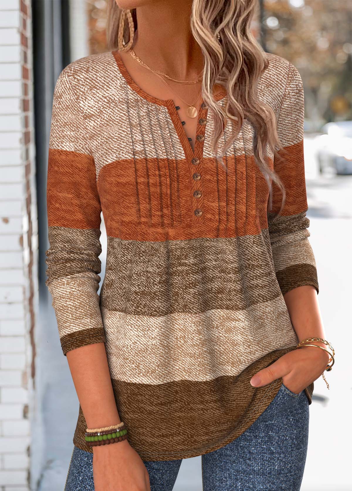 Multi Color Striped Tuck Stitch Long Sleeve T Shirt | picture 