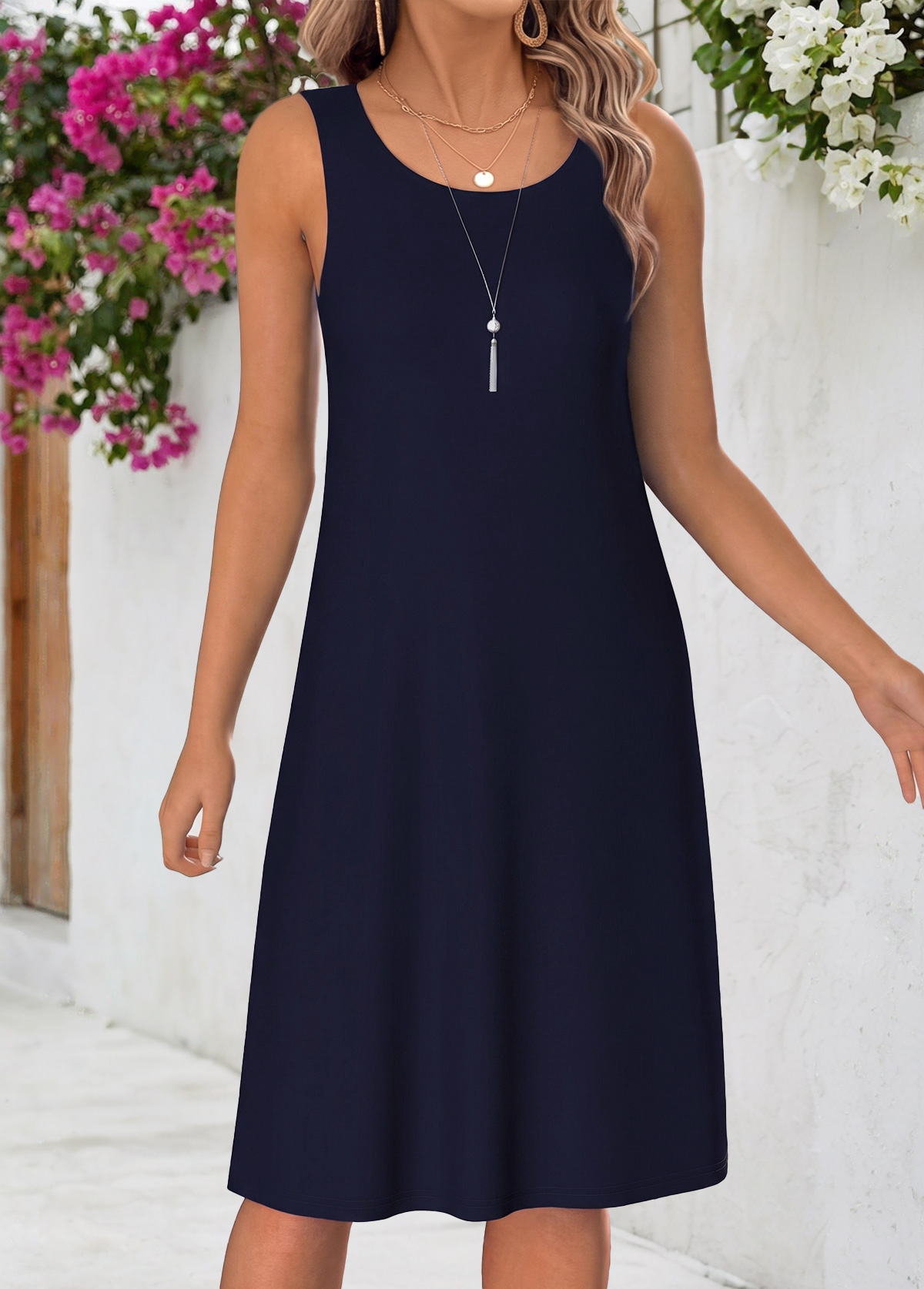 Navy Geometric Print Tummy Coverage Dress and Cardigan | picture 