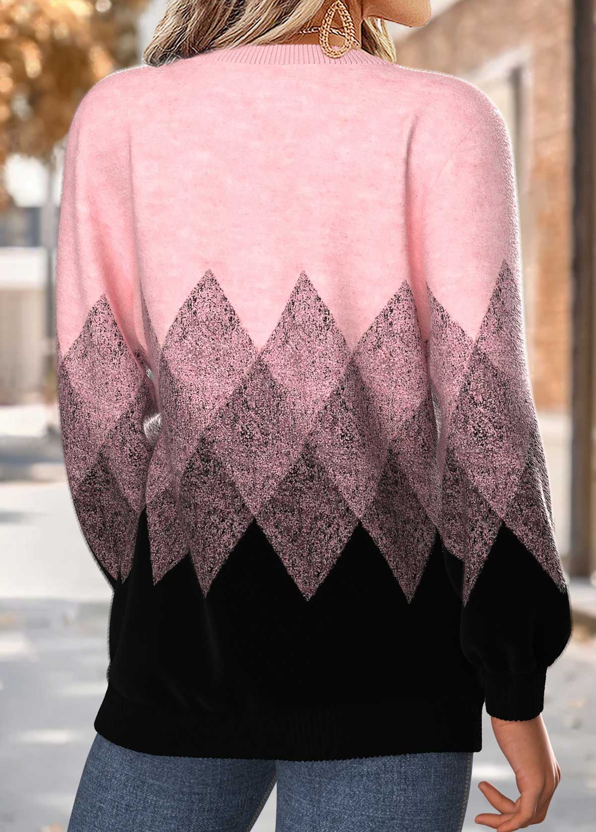 Pink Geometric Print Tummy Coverage Long Sleeve Sweatshirt | picture 