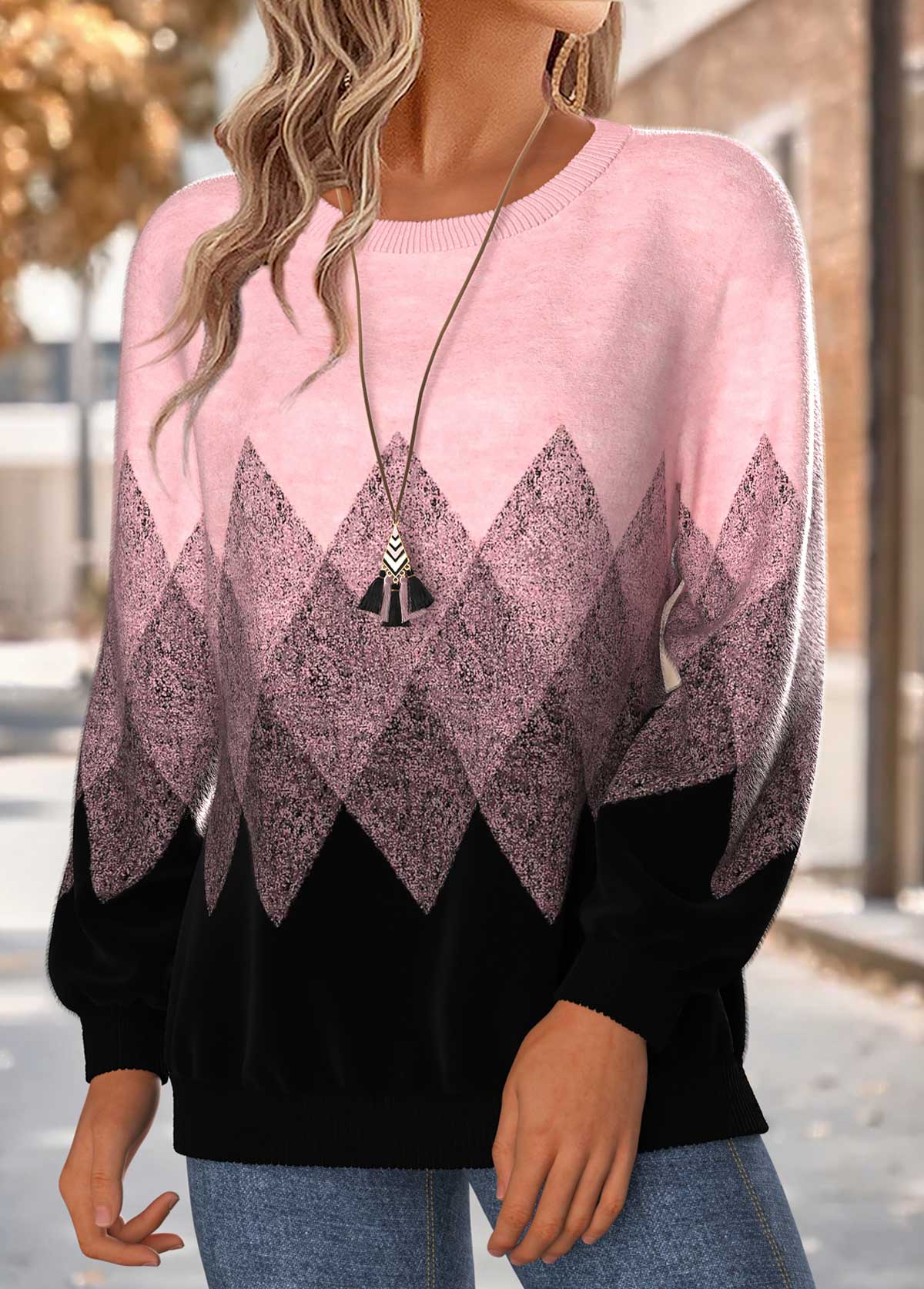 Pink Geometric Print Tummy Coverage Long Sleeve Sweatshirt | picture 