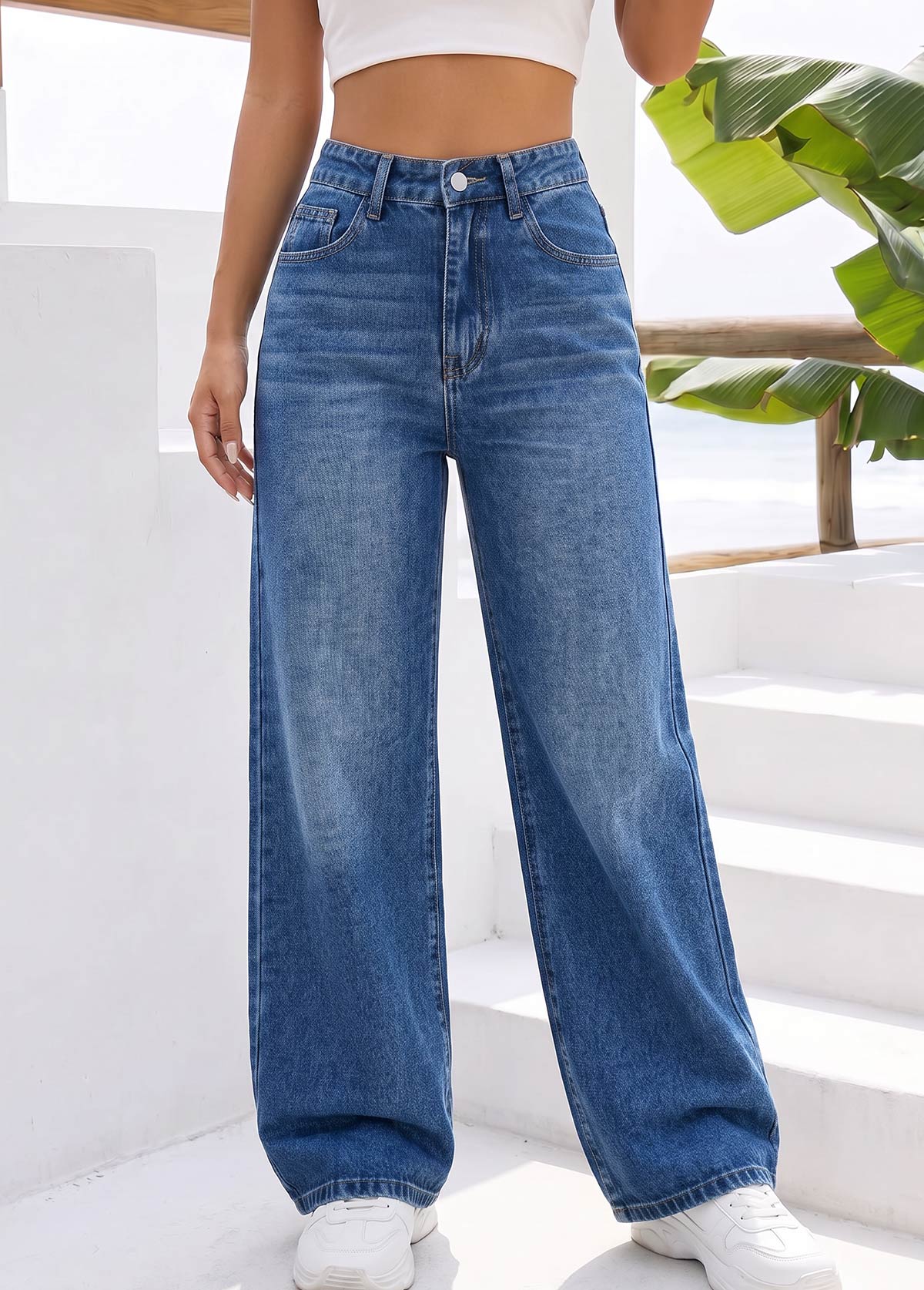 Denim Blue Wide Leg Button Fly High Waisted Jeans | picture 