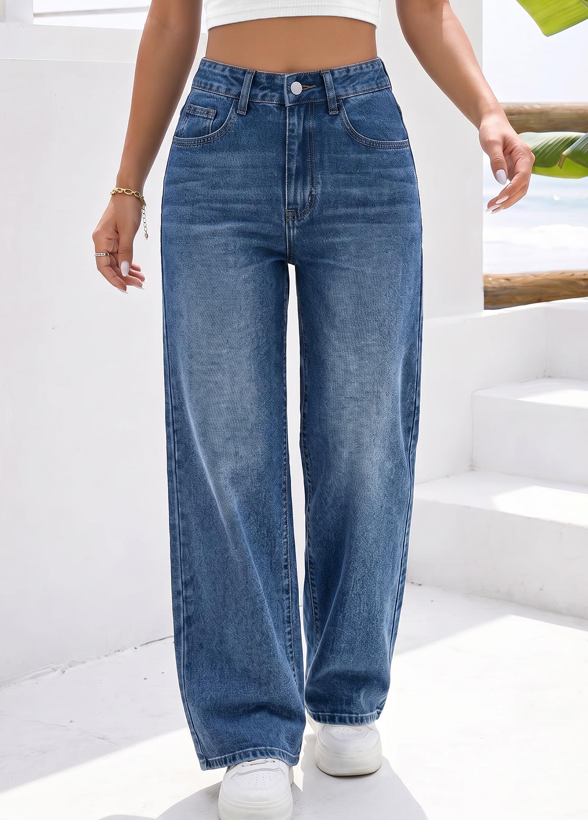 Denim Blue Wide Leg Button Fly High Waisted Jeans | picture 