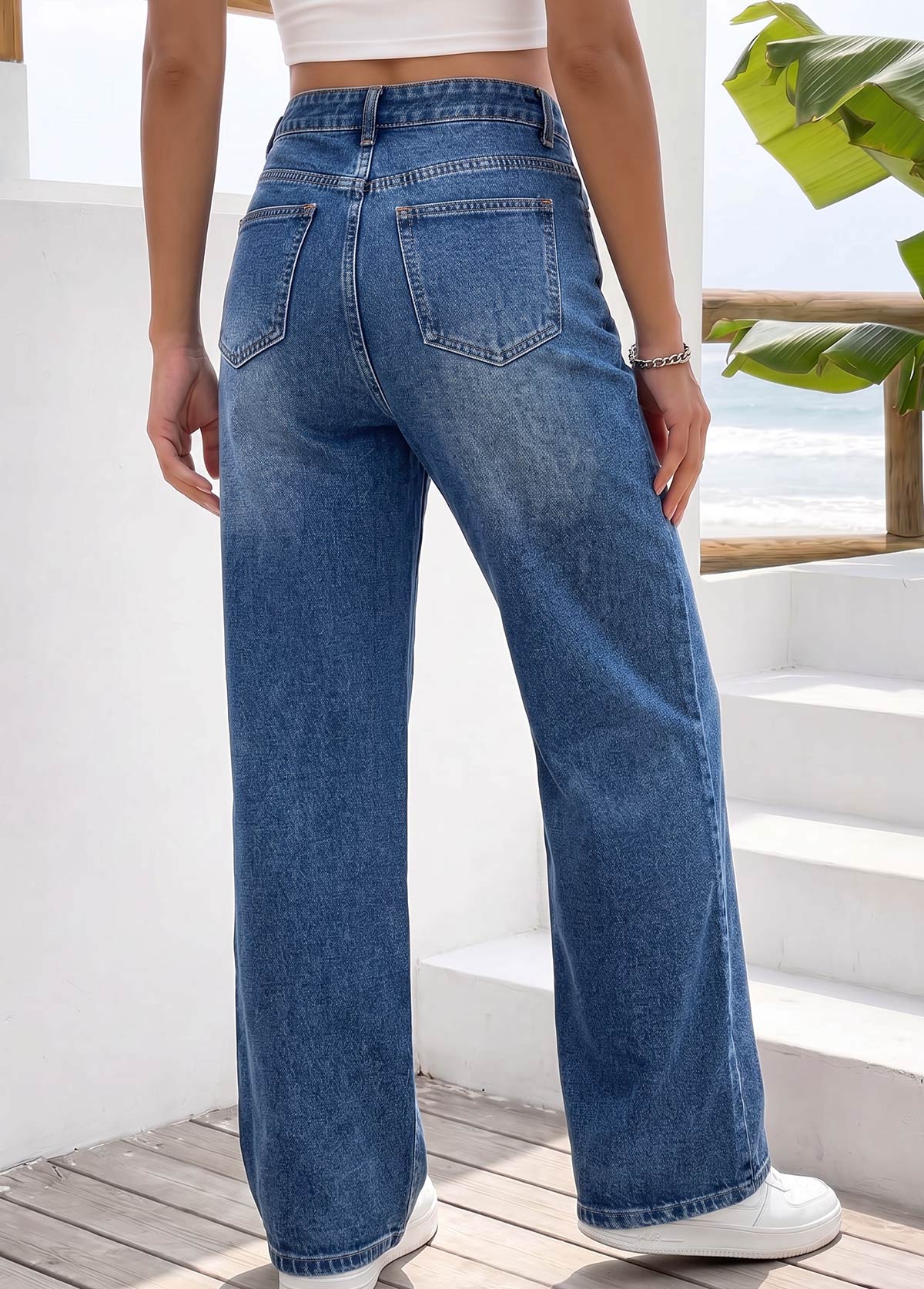 Denim Blue Wide Leg Button Fly High Waisted Jeans | picture 