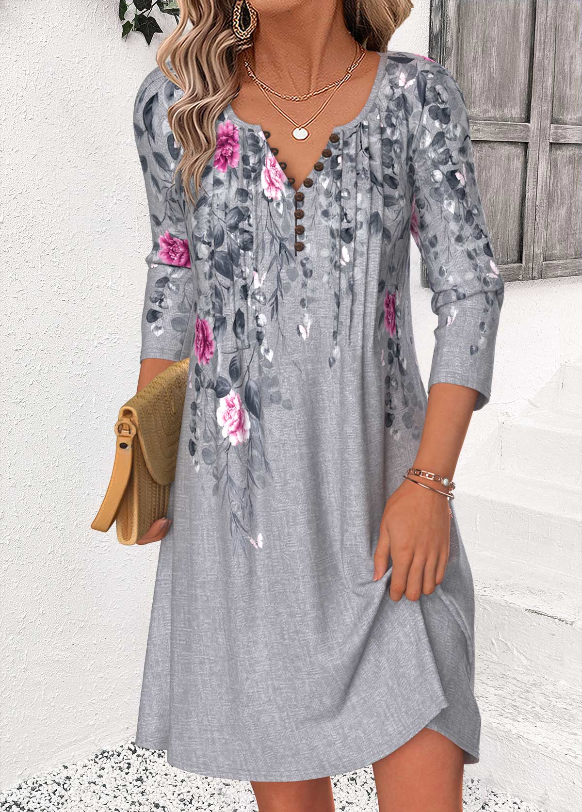 Modlily Dark Grey Marl Floral Print Short Tuck Stitch Dress - M