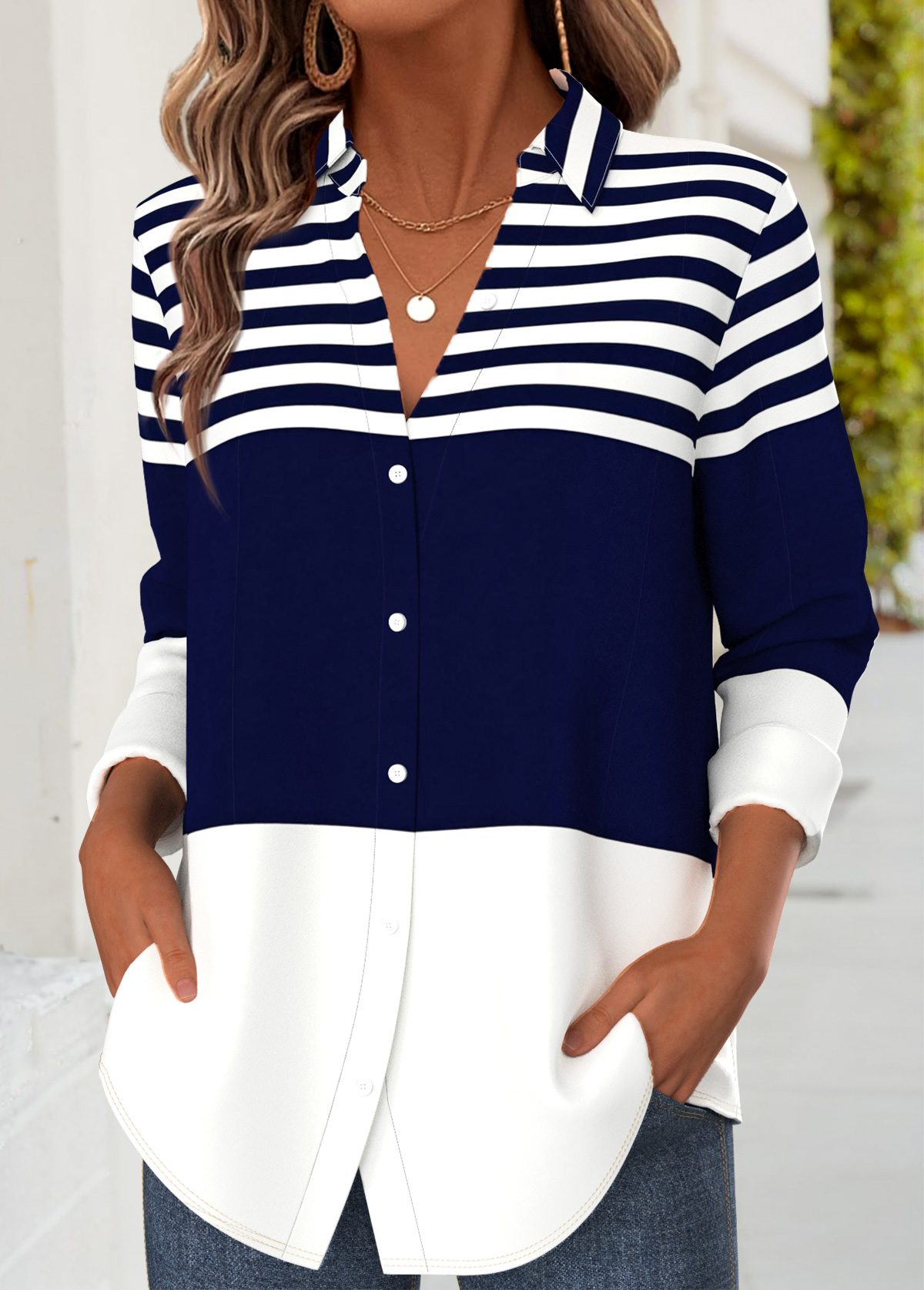 Modlily Dark Blue Striped Tummy Coverage Long Sleeve Shirt - XXL