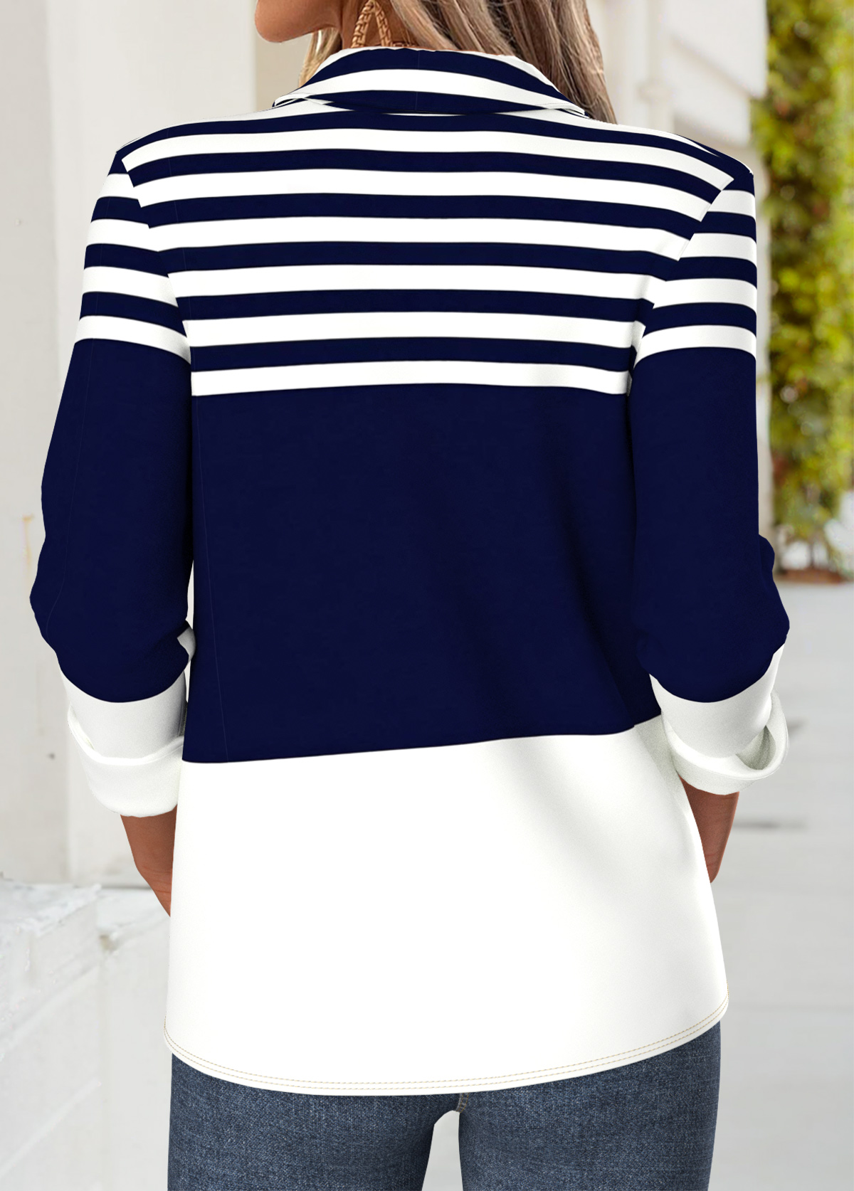 Dark Blue Striped Tummy Coverage Long Sleeve Shirt | picture 