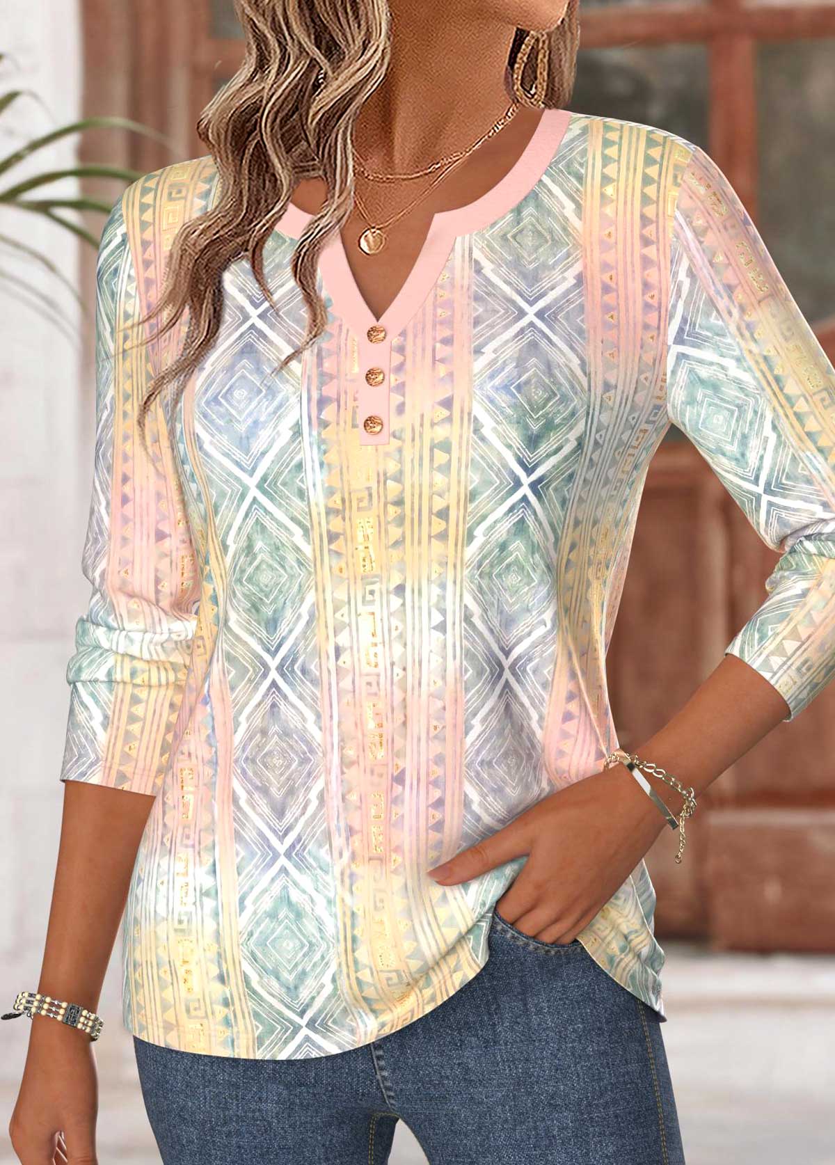 Multi Color Geometric Print Curved Hem T Shirt | picture 