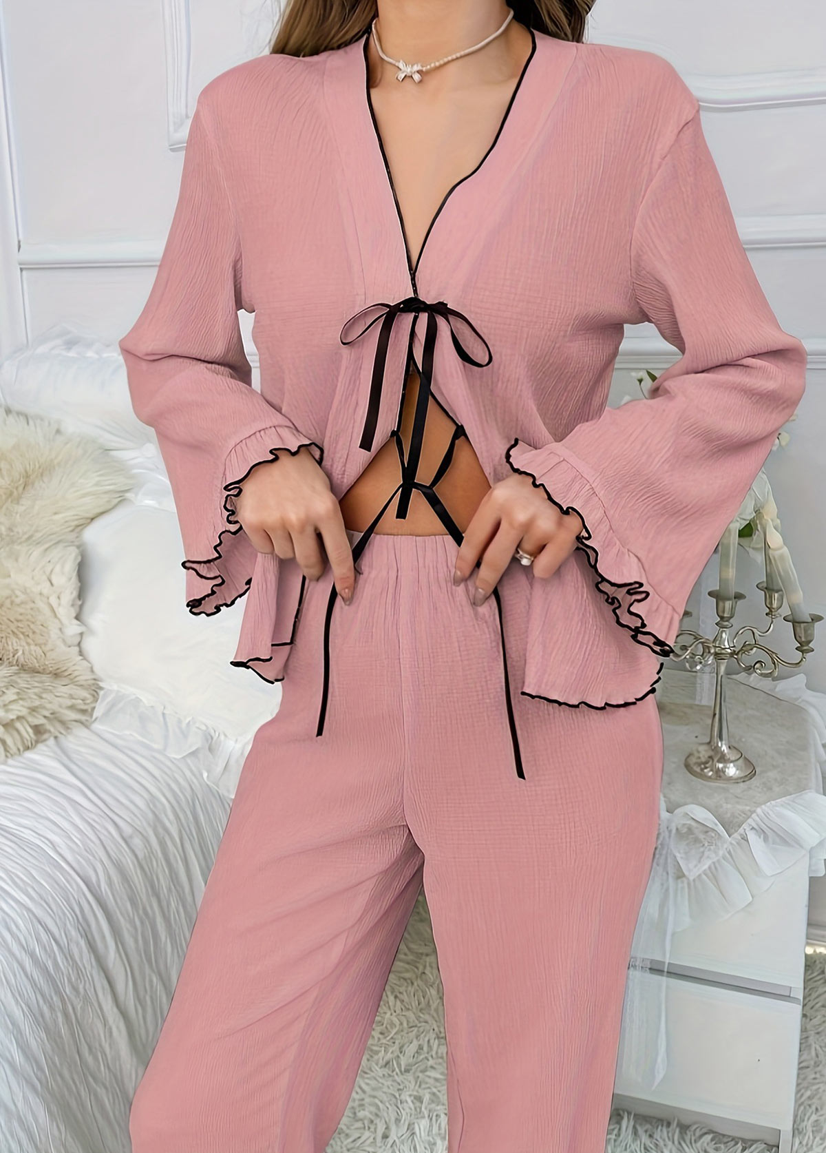 Pink Long Sleeve V Neck Lounge Top and Pants | picture 