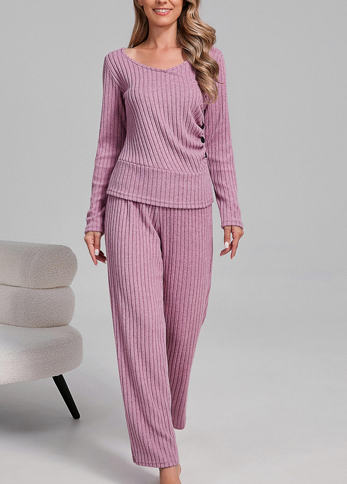 Pink Long Sleeve Scoop Neck Lounge Top and Pants 4