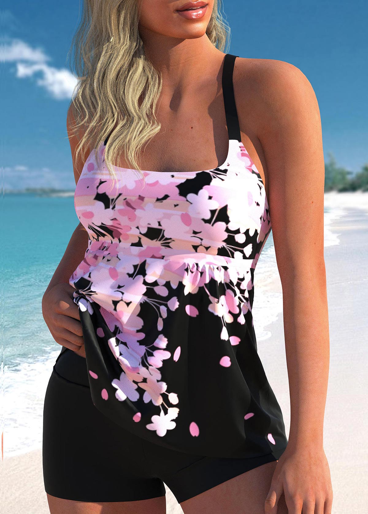 Pink Mid Waisted Tummy Coverage Floral Print Tankini Set | picture 