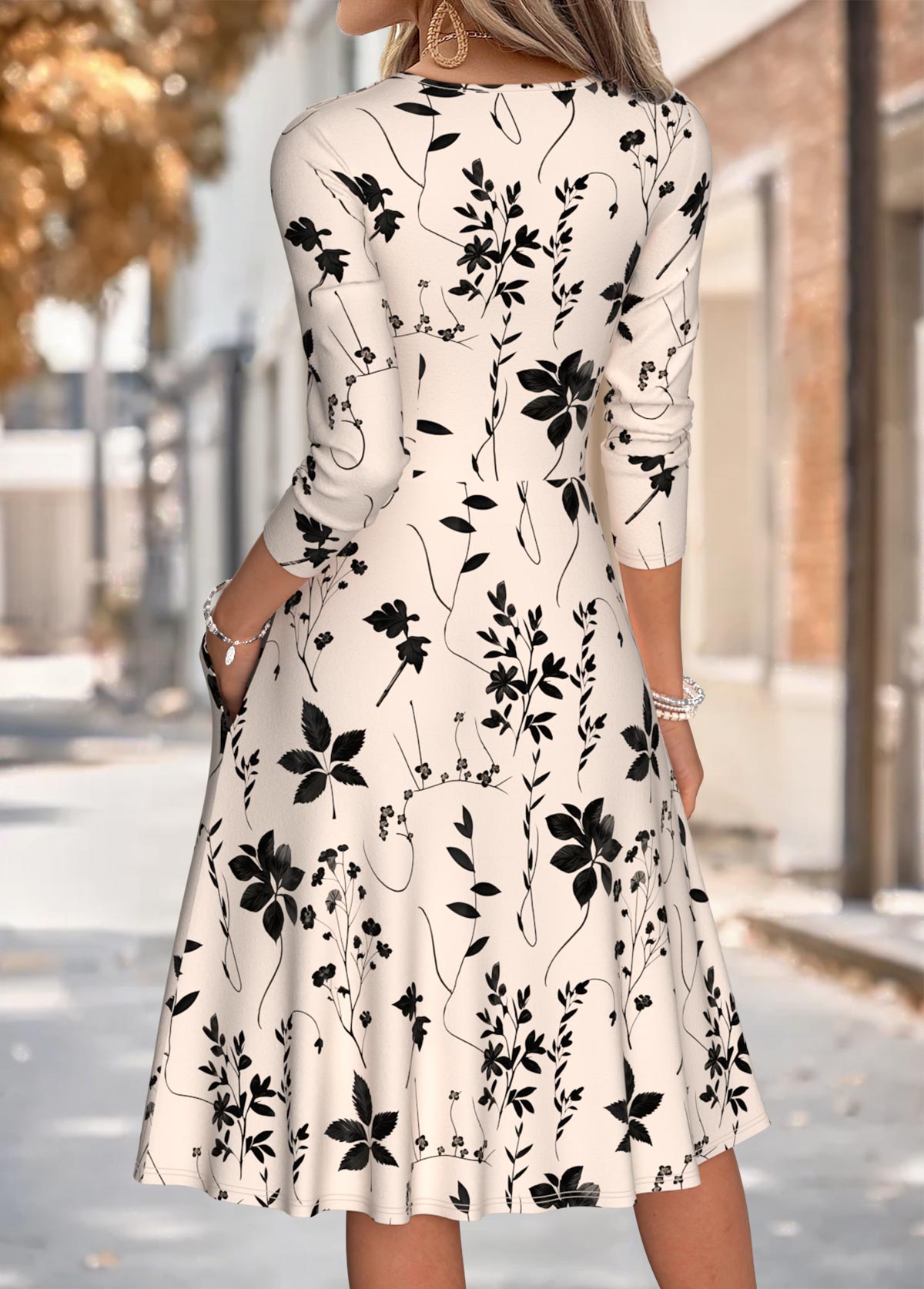 Beige Leaf Print Shirred Long Sleeve V Neck Dress | picture 