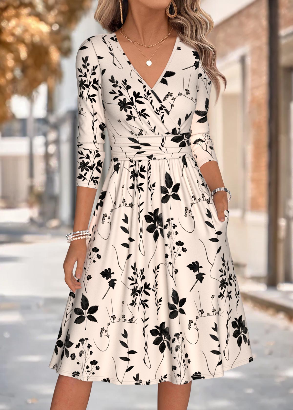 Beige Leaf Print Shirred Long Sleeve V Neck Dress | picture 