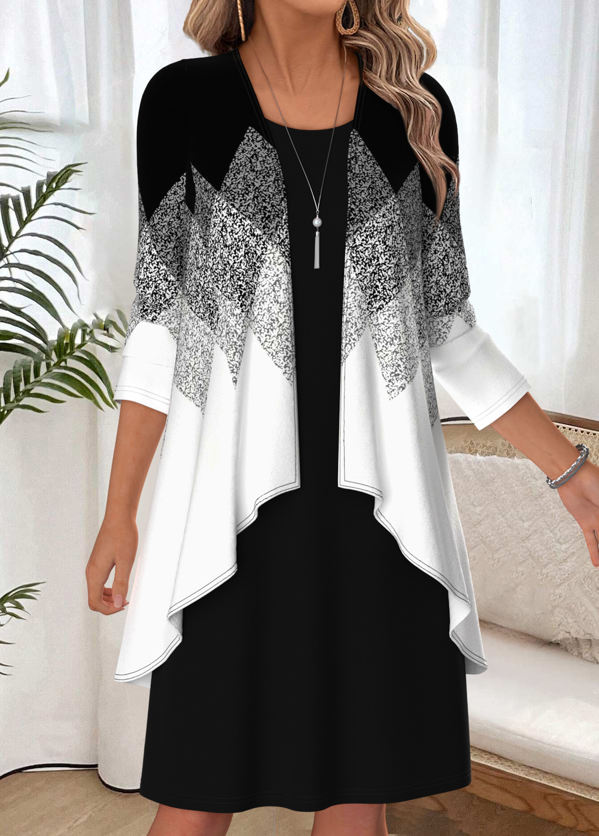 Black Geometric Print Two-piece Long Sleeve Dress and Cardigan | picture 