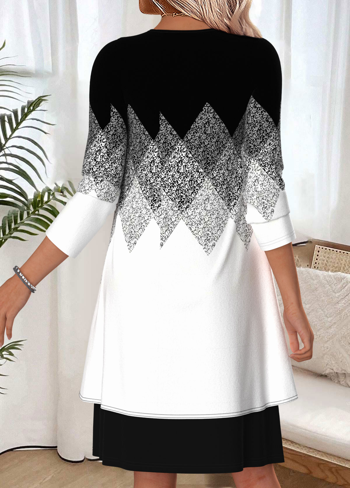 Black Geometric Print Two-piece Long Sleeve Dress and Cardigan | picture 