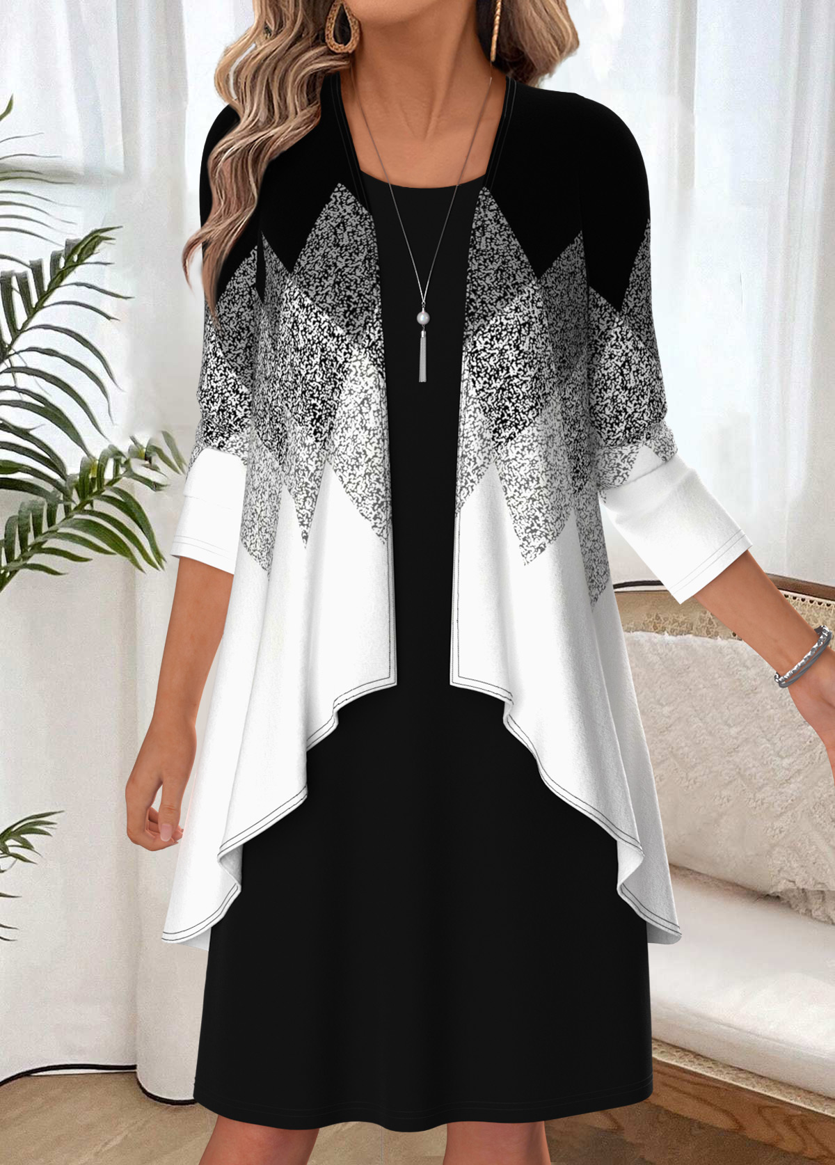 Black Geometric Print Two-piece Long Sleeve Dress and Cardigan | picture 
