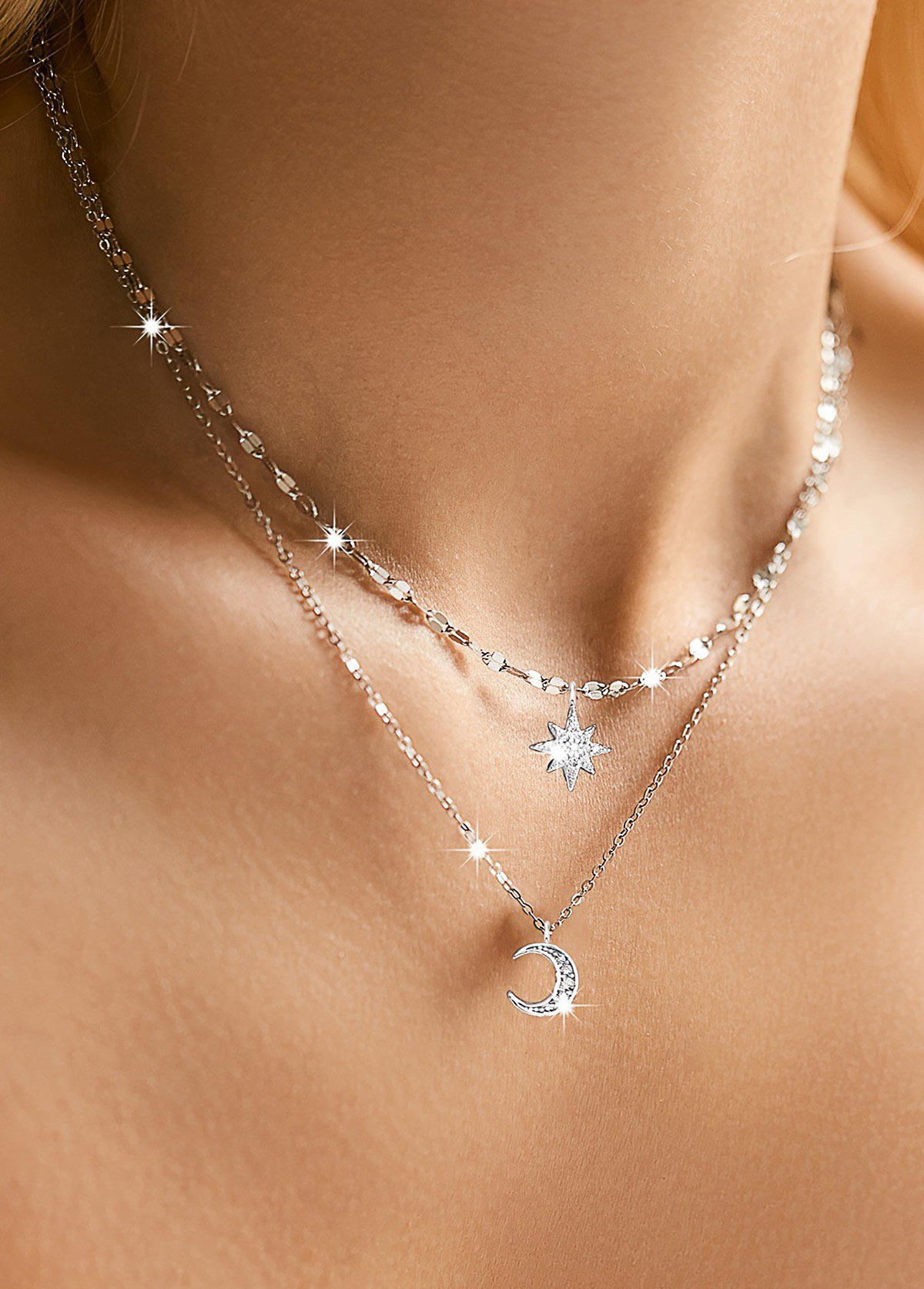 Silvery Color White Moon Alloy Detail Necklace | picture 