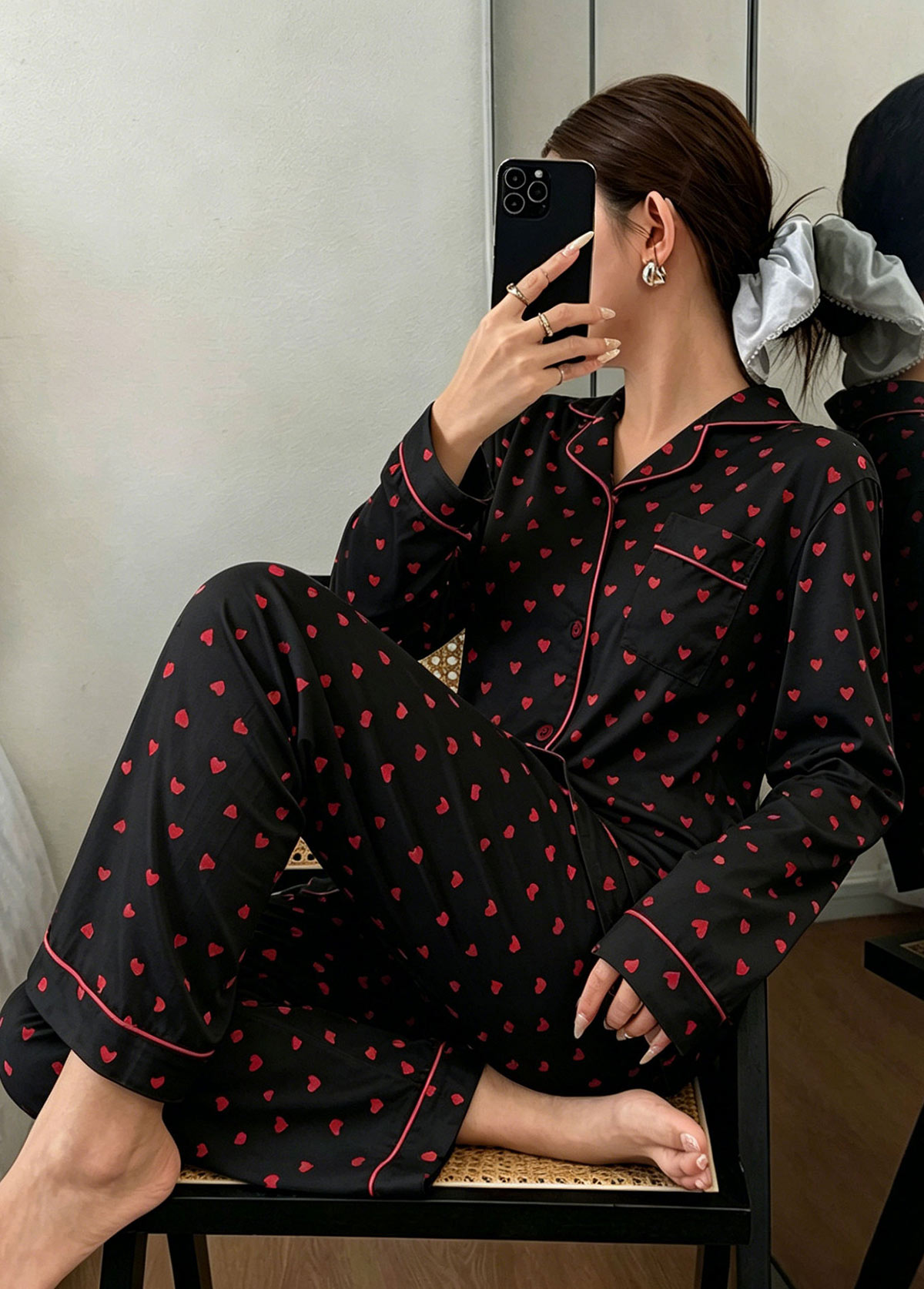 Modlily Black Heart Print Long Sleeve Lounge Top and Pants - S