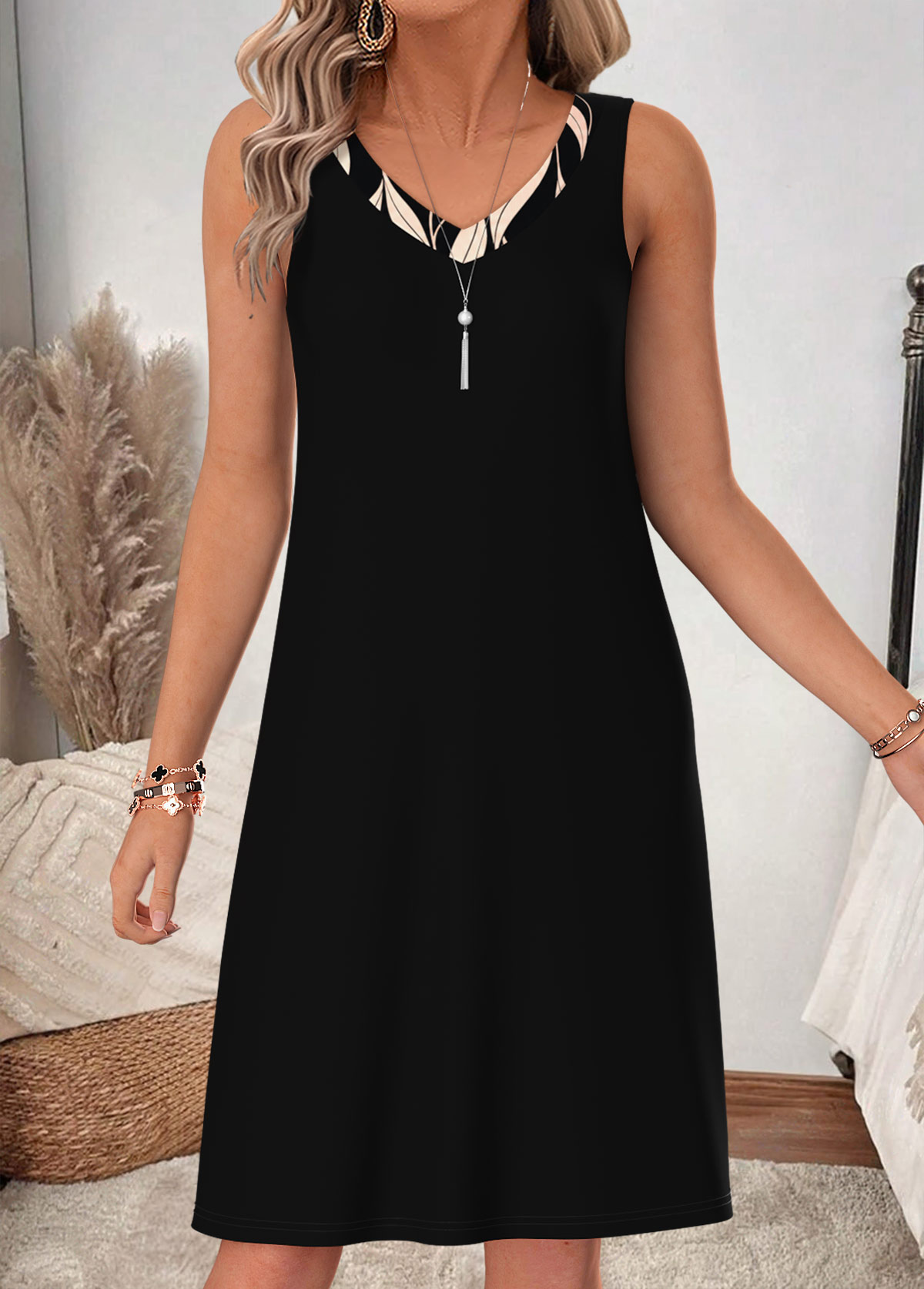 Black Leaf Print Two-piece 3/4 Sleeve Dress and Cardigan | picture 