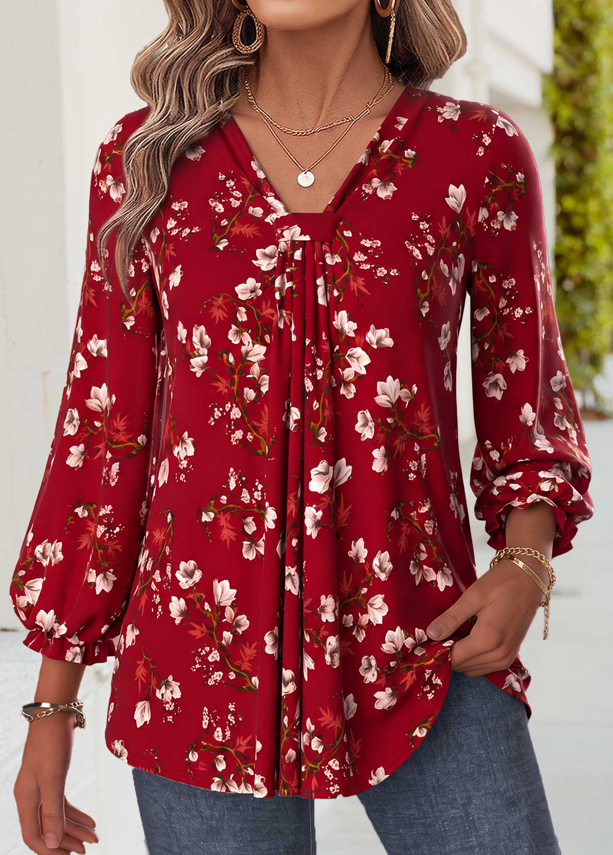 Modlily Wine Red Floral Print Patchwork Bracelet Sleeve Blouse - XXL