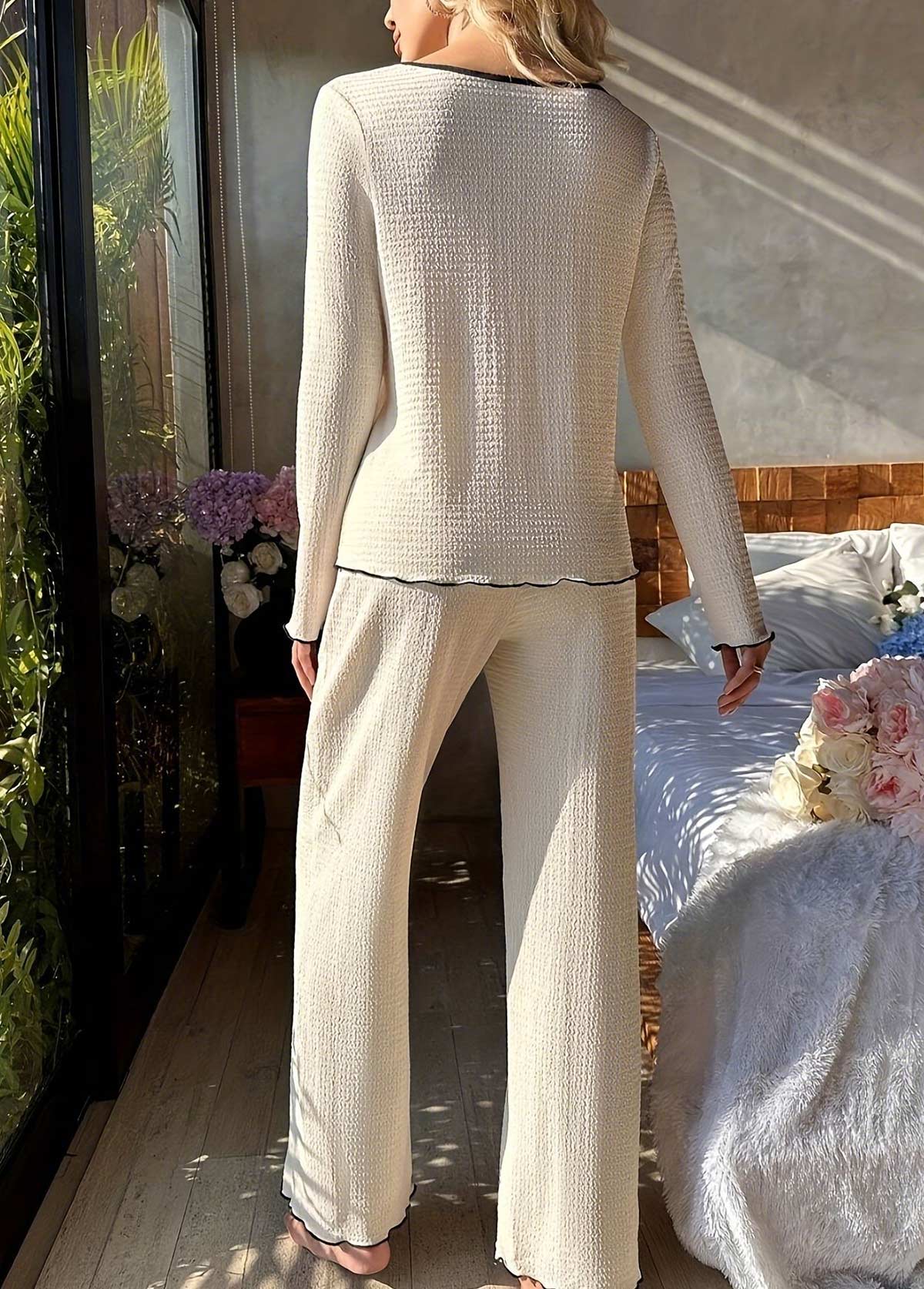 Beige Long Sleeve V Neck Lounge Top and Pants 2