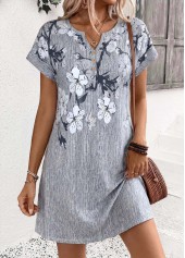 Grey Floral Print Short Tummy Coverage Split Neck Dress