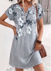 Grey Floral Print Short Tummy Coverage Split Neck Dress | thumb picture 