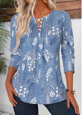 Blue Leaf Print Tuck Stitch Long Sleeve Blouse