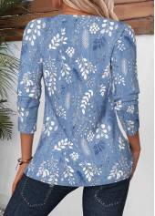 Blue Leaf Print Tuck Stitch Long Sleeve Blouse | thumb picture 
