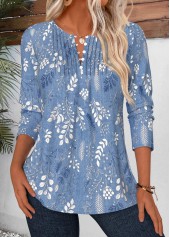 Blue Leaf Print Tuck Stitch Long Sleeve Blouse | thumb picture 