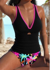 Black High Waisted Ruched Tropical Plants Print Tankini Set | thumb picture 
