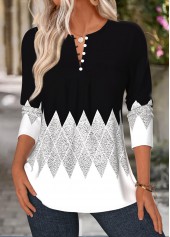 Black Geometric Print Tuck Stitch Long Sleeve T Shirt