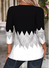 Black Geometric Print Tuck Stitch Long Sleeve T Shirt | thumb picture 