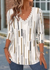 Light Camel Geometric Print Patchwork Long Sleeve T Shirt | thumb picture 