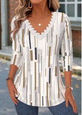 Light Camel Geometric Print Patchwork Long Sleeve T Shirt
