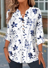Blue Floral Print Curved Hem Long Sleeve Shirt