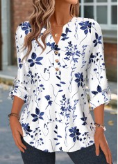 Blue Floral Print Curved Hem Long Sleeve Shirt | thumb picture 