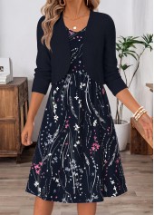Navy Floral Print Two-piece Long Sleeve Dress and Cardigan