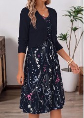 Navy Floral Print Two-piece Long Sleeve Dress and Cardigan | thumb picture 